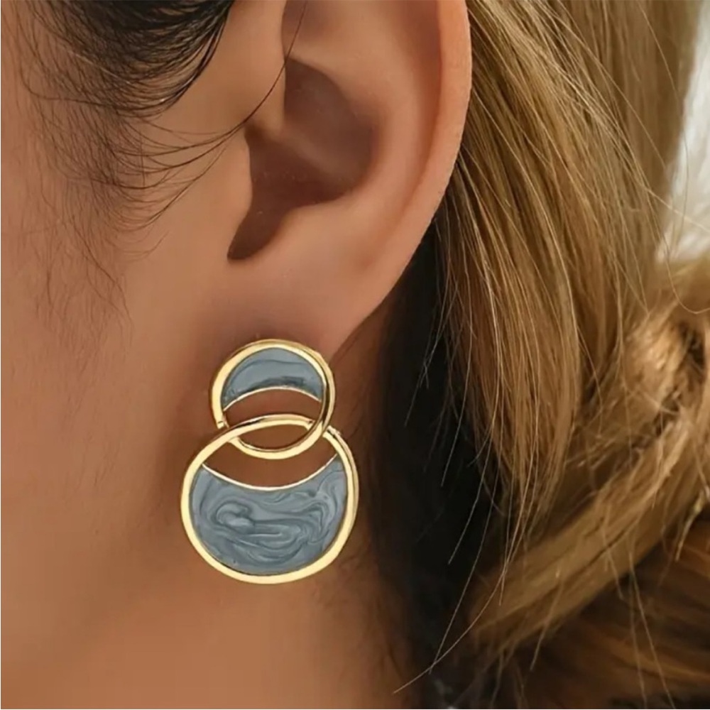 Gold Frame Blue Marbled Double Circle Drop Earrings - Women Jewelry